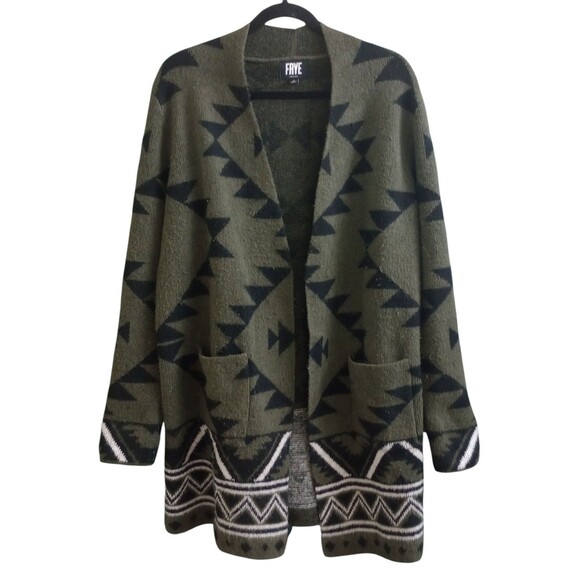Frye Sweaters - Frye Cardigan Sweater Long Open Front Aztec Boho Green Cozy Size Medium